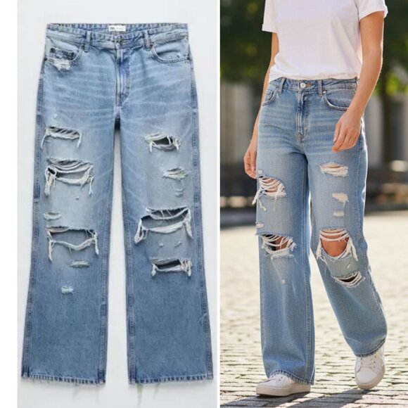 NWT ZARA Low Rise Super Wide Leg Jeans Size 0 Destroyed DIstressing Detail - Picture 1 of 10